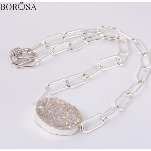 BOROSA Fashion 15'' Silver Plated Natural Agates Druzy Necklace with CZ Lock Clasp Lock Necklace Metal Necklace Choker HD0350