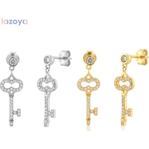 Lozoya 925 Sterling Fine Jewelry Silver Gold Zircon CZ Key Drop Earring Piercing Pendiente Clips Rock Punk 2021Fashion