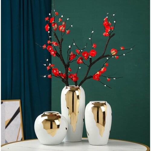 Modern Classic Gold Plate Real Flower Vase Simple Insert Craft Home Decoration Ceramic Vase Furnishing Articles
