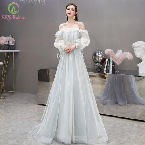 SSYFashion Romantic Light Blue Evening Dress Boat Neck Puff Sleeve Long Lace Tulle Floor-length Prom Party Gown Vestido De Noche