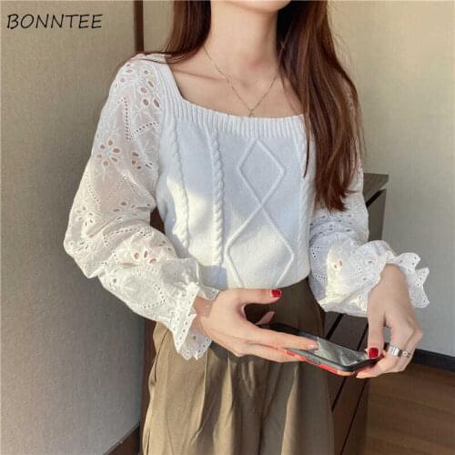 Sweater Women All-match Square Collar Casual Aesthetic Pullovers Slim Students Patchwork Design Flare Sleeve Hollow Out Ulzzang