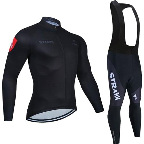 STRAVA Black Pro Cycling Jersey Set Long Sleeve Breathable MTB Bike Clothes Wear Bicycle Cycling Clothing Ropa Maillot Ciclismo