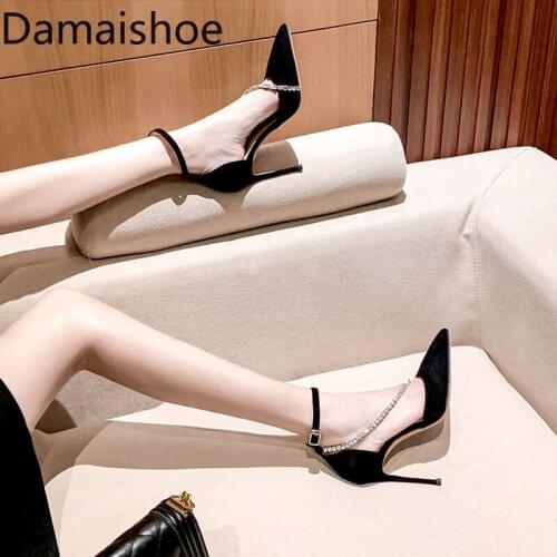 Pumps Black Matte Fashion Sandals 2021 New Hollow Closed Toe Sexy Rhinestones High Heel Women Ankle-Strap Stilettos Women Shoes