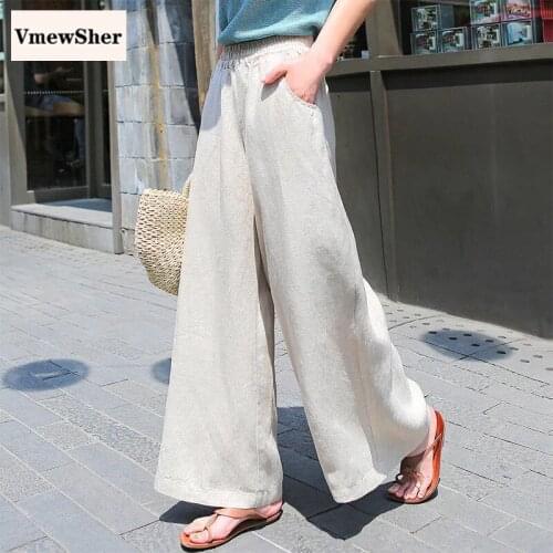 VmewSher New Spring Autumn Women Flare Pants Cotton Linen Female Loose Pant Long Wide Leg Oversize Trousers High Waist Casual
