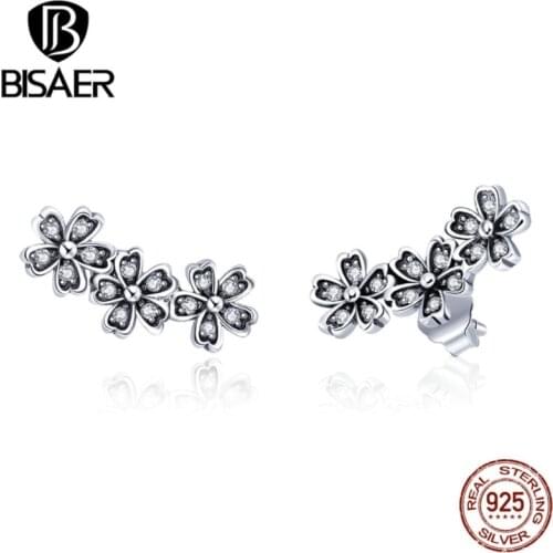 BISAER 100% 925 Sterling Silver Blooming Daisy Flower Stud Earrings for Women Clear CZ Fashion Earrings Jewelry 2019 ECE419