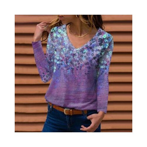 Ladies Casual Loose Harajuku Pullover Tshirt Autumn Winter V-neck Print Long-sleeved Womens Fashion All-match T-shirt Top S-XXL