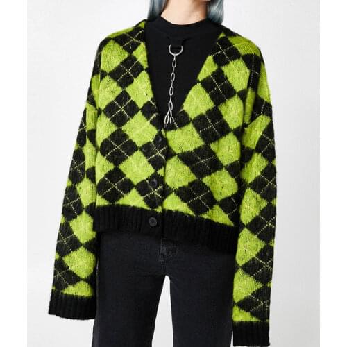 Green & Black Argyle Cardigan Oversized V-Neck Long Sleeve Front Button Cropped Warm Fuzzy Knit Top Fall Winter Women e-Girls