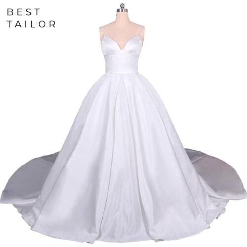 White Wedding Dresses 2021 Satin Plugging Open Back Spaghetti Straps Ball Gown Royal Bridal Gown vestidos de novia robe mariage