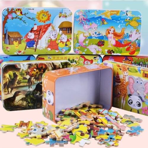 100PCS Wooden Puzzle Game Cartoon 3D Wood Puzzle Jigsaw Toys For Children Kids Early Educational Toys Gift(With Iron Box)