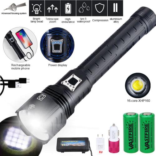 10000LM 500M Zoomable Flashlight 16-Core XHP160 USB Charge Torch Switch 5 Modes Handheld Waterproof Hunting Light AS Power Bank