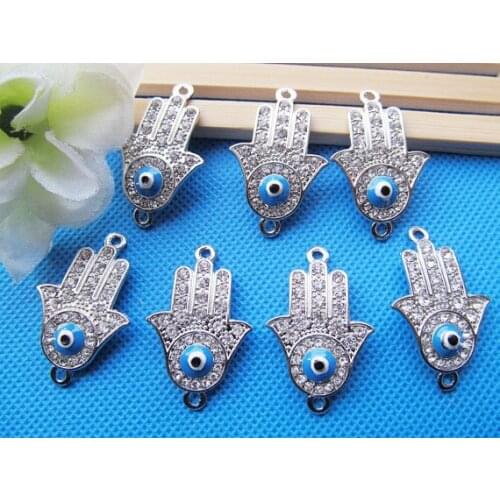 20pcs Silver tone Sideway The hand of Fatima Hamsa Connector Pendant Charm/Finding,31pcs White Rhinestone & 1pcs Blue Evil Eye