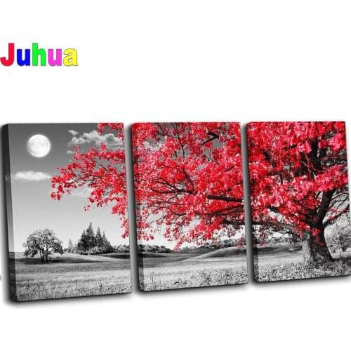 3 Pieces Red Moon Tree Scenery Diamond Painting Cross Stitch Kit Diamond Embroidery Triptych Mosaic Handmade Black And White Art