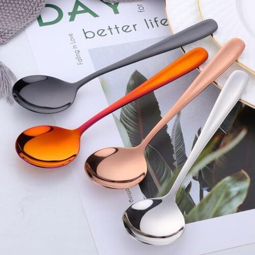 8PCS/lot Round Tea Spoon Colorful 18/10 Stainless Steel Ice Cream Dessert Tea Coffee Gold Spoon Silver Flatware Dinnerware