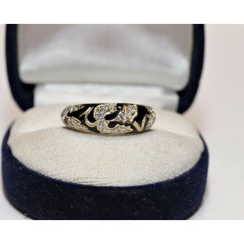 ANTIQUE VICTORIAN STYLE NEW MADE 14K GOLD NATURAL DIAMOND DECORATED ENAMEL RING