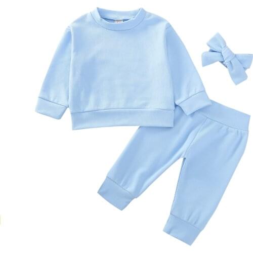 Baby’s Long-sleeved and Trousers Suit Fashion Solid Color Loose T-shirt, Elastic Long Pants and Headband Spring Outfits
