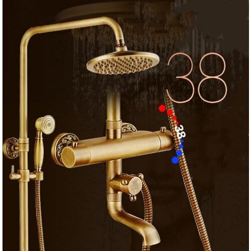 European Antique Thermostatic Faucet Shower Set Brass Retro Smart Thermostatic Mixer Shower Head Bathroom Shower Set