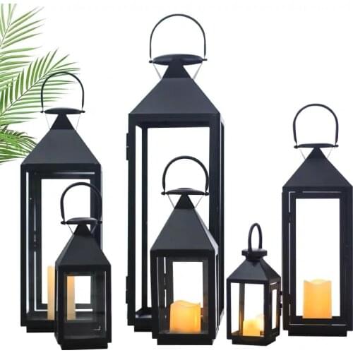 Classcial Black Portable Candle Holder Lantern Metal and Glass Windproof Portable Candlestick for Garden Indoor outdoor