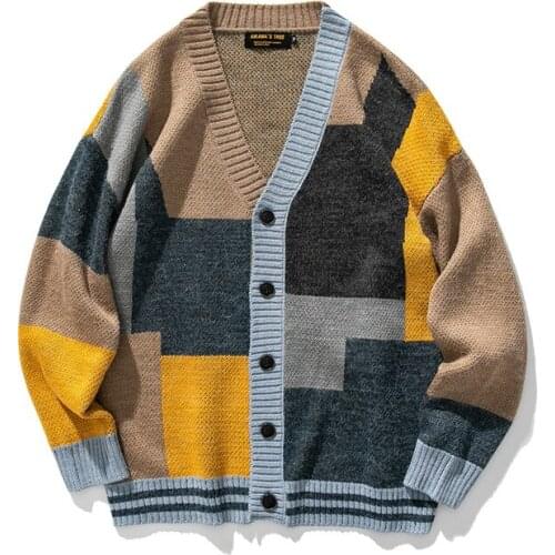 Men Patchwork Winter Cardigan 2020 Autumn Mens Harajuku Korean Fashion Oversize Knitted Sweater Male Button Retro Coats clothes