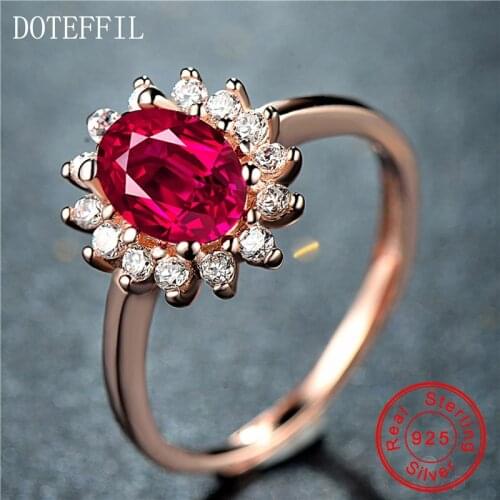 New Fashion Flower Jewelry 5ct AAAAA Red Zircon Cz Wedding Brand Rings For Women 925 Sterling Silver Female Ring