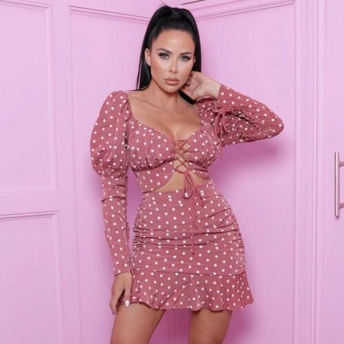 New Dot Volan Dress with Flounced High Waist Puff Sleeves Beach Dress Woman Strappy Pleated Hollow Out Zipper Sexy Dress Fashion