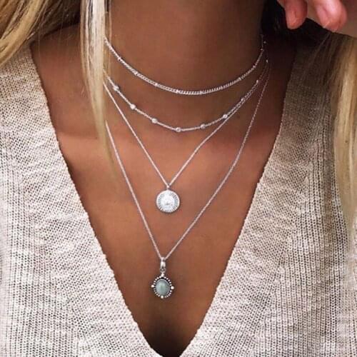 Bohemian Multilayer Beads Chains Round Gem Pendant Necklace for Women Vintage Geometric Chocker Necklace Elegant Jewelry YN1691