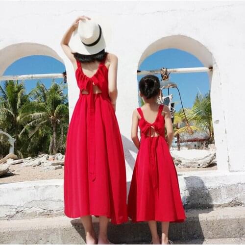Sexy Back Beach Dress Mother Daughter Dresses Family Matching Clothing Summer Women Dress Family Match Outfits Red Dress