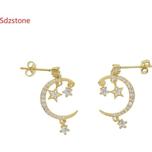 Sdzstone simple Delicate Clear Cz Paved Dangle Charm Moon Star Earring Girl Gift Women Delicate Dainty Earrings New Year Gift