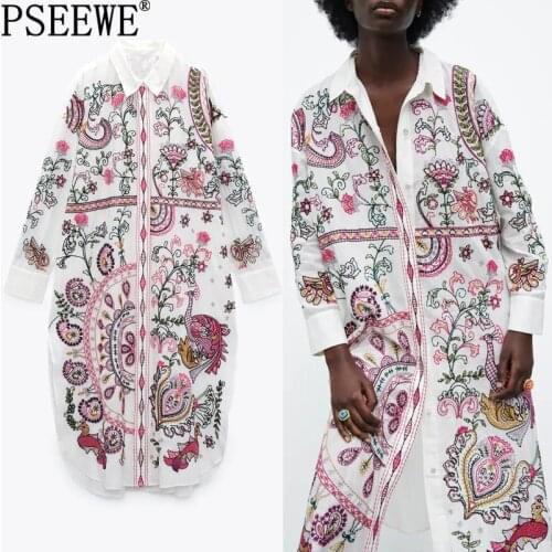 PSEEWE Za 2021 Print Long Shirt Women Button Up White Shirt Woman Vintage Long Sleeve Blouse Female Asymmetric Hem Summer Top