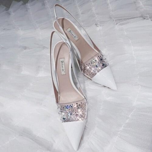 Summer rhinestone pointed toe stiletto white bridal wedding shoes transparent stitching banquet dress all-match womens shoes