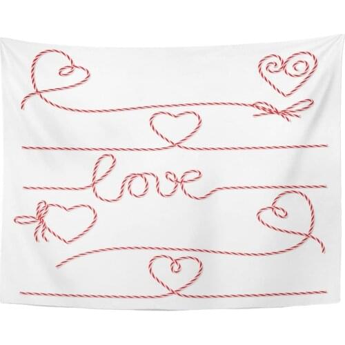 String Collection of Red Bakers Twine Romantic Bows and Ribbons on White Heart Knot Tapestry Home Decor Wall Hanging for Living
