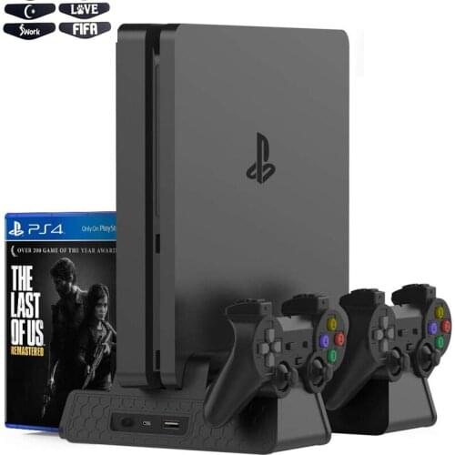 For PlayStation 4 Dualshock 4 PS4 Slim/Pro Vertical Stand Base Controller Charger 3 Cooling Fan Games Storage Tower Heat Sink