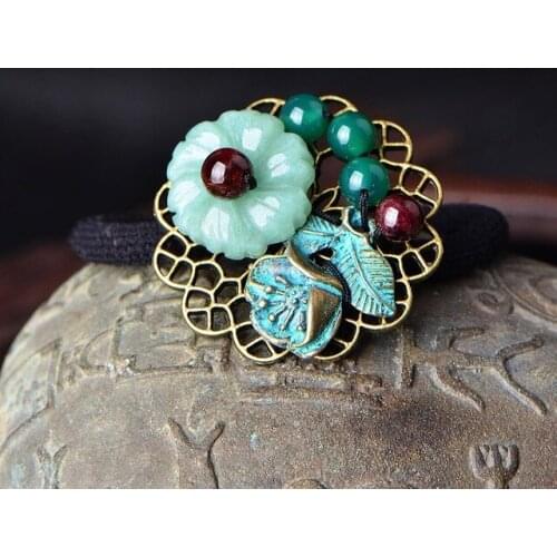 Chinese Ethnic Style Vintage Copper Alloy Hair Jewelry Classical Smear Green Coloured Glaze Temperamental Onyx Hairbands