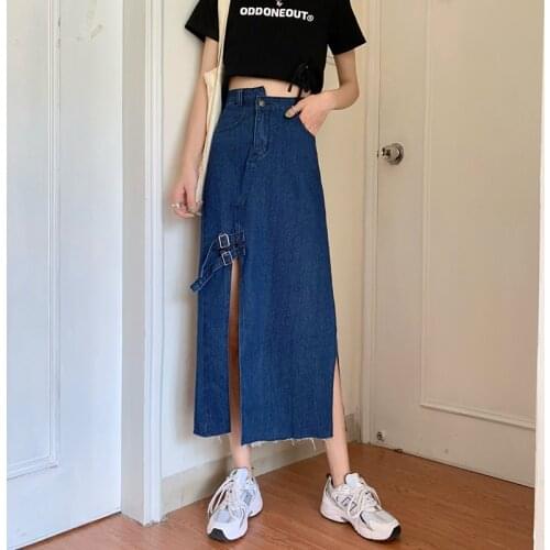 2020 Fashion Streetwear Jeans Long Skirts For Women Sexy Bodycon Split Slit Denim Skirts Female High Waist Harajuku Pencil Skirt