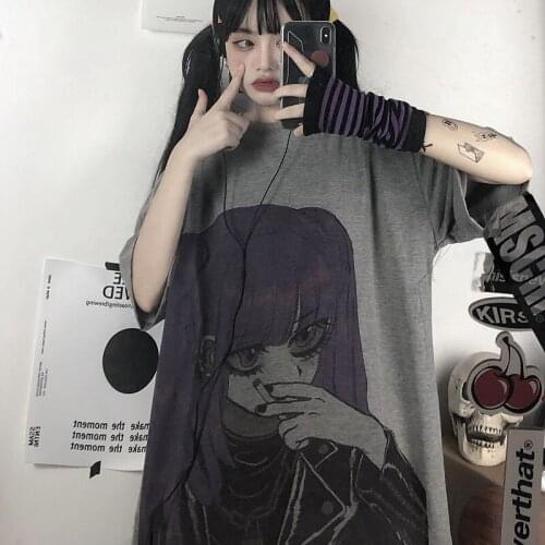 Summer Womens 2021 New Dark Retro Two-dimensional Cartoon Print Loose Short-sleeved Harajuku Style T-shirt Top Y2k Streetwear