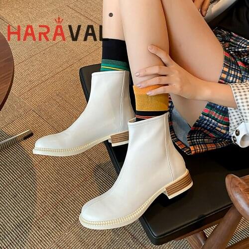 HARAVAL Women Ankle Boots Spring Autumn Round Toe Low Heels White Black Brown Trend Martin Solid ELEGANT Fashion Footwear E91L