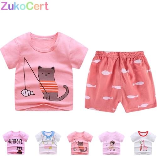 ZukoCert Summer girls T-shirt set cotton baby children soft shorts t-shirt toddler baby cartoon Pink cute clothes for 1-5 Year