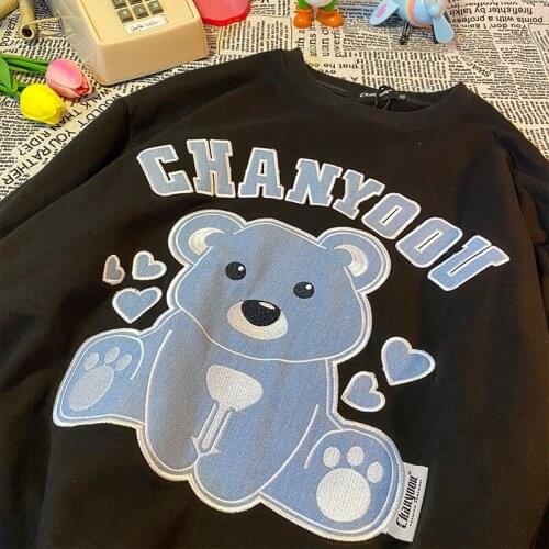 2021 Streetwear Sweatshirt Embroidery Cute Bear Pullovers Harajuku O-neck Long Sleeve Womens Winter Tops Fashion Teens Clothes