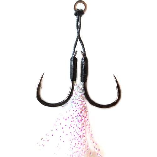 3pairs/lot Metal Jig Assist Hook With PE Line Feather 12# 14# Solid Ring Cast Jigging Spoon Fishhook for 5-40g Fishing Lure