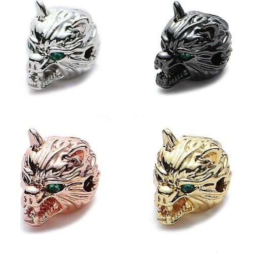 3pcs CZ Brass Micro Pave Wolf Head Beads Animal Cubic Zirconia Spacer Metal Beads for Jewelry Making Mens Bracelets Accessories