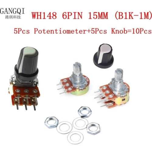 5pcs/lot Carbon Film Potentiometer WH148 15mm 6pin + Rotary Switch Knobs Cap Kit B1K 2K 5K 10K 20K 50K 100K 250K 500K 1M