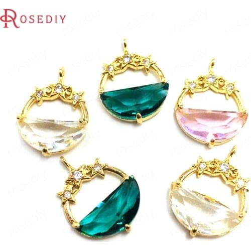 6PCS 15x22MM 24K Champagne Gold Color Brass and Zircon and Glass with Star Round Charms Pendants Jewelry Making Supplies