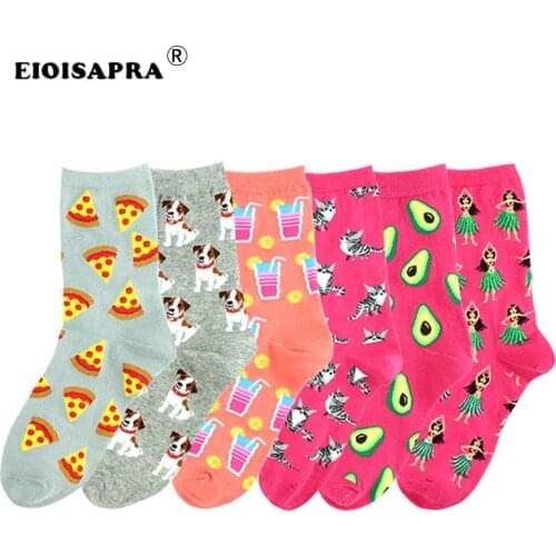 [EIOISAPRA]Korean Style Women Happy Socks Harajuku Fashion Kawaii Cartoon Dog Cat Pizza Avocado Pure Color Creative Women Socks