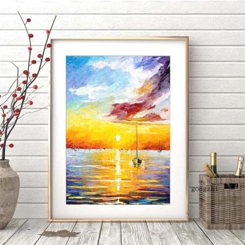 Colorful Sunrise Sunset Posters Sparkling Lake Canvas Oil Painting and Prints Boat Cloud Ocean Wall Art Pictures Home Decoration