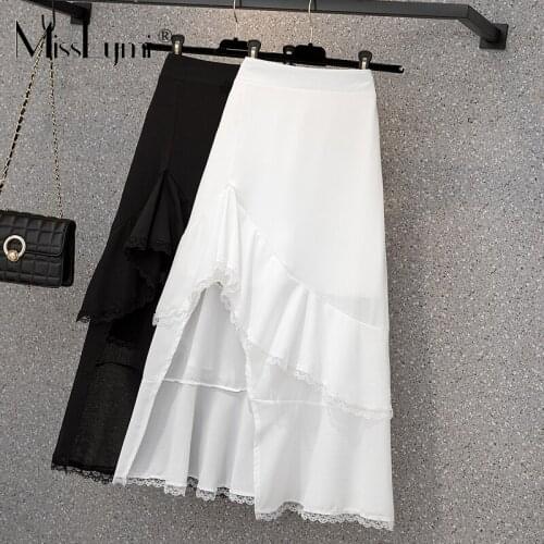L-4XL Plus Size Women White Skirt Summer 2021 Korean Fashion High Waist Sweet Lace Patchwork Ladies Loose A-line Skirt