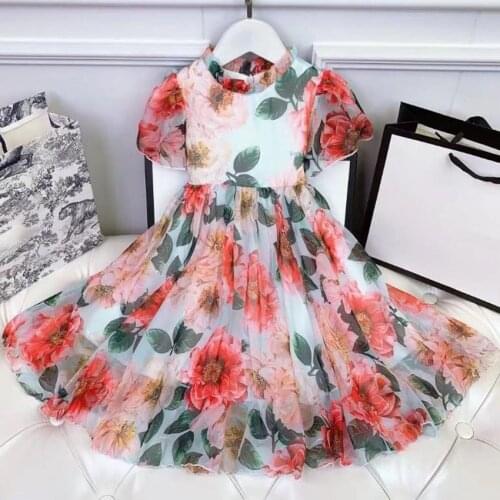 Baby girl summer vintage flower printed silk princess dress kids puff sleeve big swing s-line dress