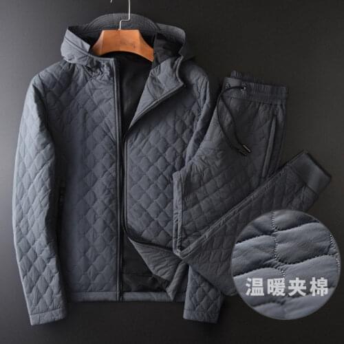 Thick knitted fabric casual sports suit mens self-cultivation fashion trend laminating printing stand-up collar sweater jacket