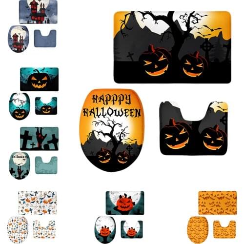 Halloween Print Non-Slip Bathroom Rug Set Toilet Seat Cover Washable Pad
