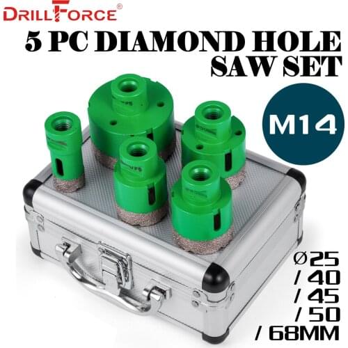 Drillforce 5PCS Diamond Hole Saws Set 25/40/45/50/68mm M14 Durable Carborundum Ceramics M14 Thread Drill Core