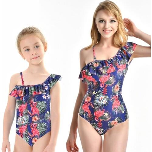 New Parent-child Swimsuit One Piece Swimwear Mother Daughter Bathing Suit Girls Flamingo Beachwear Family Ruffle Triangle Bikini