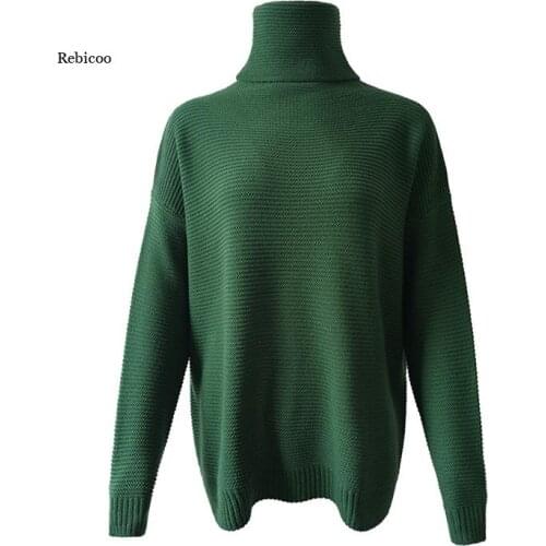 Autumn Winter Women Retro Turtleneck Knitted Long Pullovers Casual Loose Solid Sweaters Thick Knitting Jumper Pull New